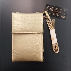 NWT La Covina Gold leather crossbody wallet crocodile texture
